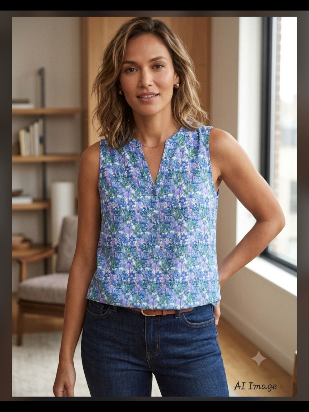 Adrianna Papell Blue and Green Floral V-Notch Sleeveless Top
